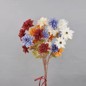 Artificial dahlia bouquet with multi-colored silk flowers and ribbon for home wedding decor
