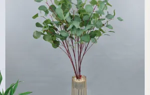 Makro-Detail von künstlichen Eukalyptusblättern mit roten Stielen in einer Glasvase