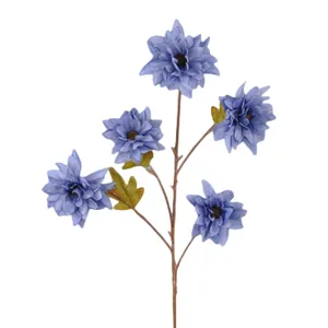 Faux blue dahlia branch with 5 realistic flower heads for wedding home decor on white background