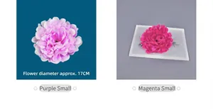 Macro detail of 17cm faux peony flower heads in purple and rose red for DIY crafts