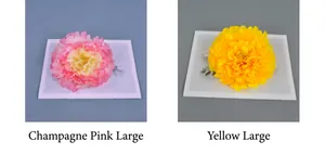 Detailed comparison of large champagne pink and yellow artificial silk peony flower heads