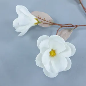 Single stem white 4-head artificial magnolia flower with realistic buds for wedding decor