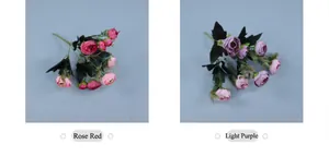 Detail of multi-head artificial rose bouquets in rose red and light purple colors