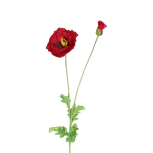 Large red artificial poppy stem with a blooming flower, green bud and flocked leaves