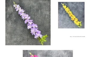 Detailed close-up of vibrant artificial Larkspur flowers in purple and yellow hues