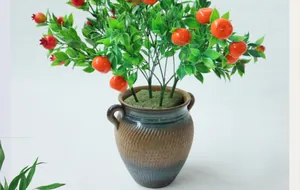 Dettaglio di pianta di peperoncino artificiale in un vaso di ceramica rustico strutturato