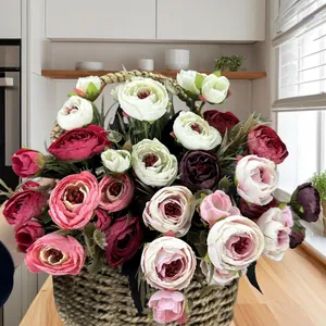 Artificial Silk Rose Camellia Flower Bouquet Multi Head Small Buds For Home Wedding Decor Photography Props Realistic Fake Flowers