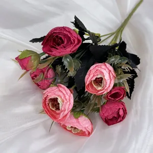 European style artificial camellia rose bouquet with pink silk petals for home decor