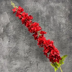 Artificial red Delphinium flower branch for home decor, 116cm total height floral arrangement
