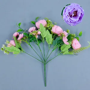 Bouquet di peonie artificiali 30cm rosa e viola con 7 rami e 10 fiori di seta finti