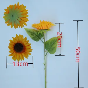 Enkele kunstmatige zonnebloem met gele bloemblaadjes en groene bladeren, 50 cm
