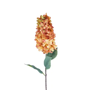 Ortensia artificiale autunnale color caramello con stelo e foglie verdi realistiche