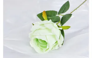 Detailopname van kunstmatige calla lelieblaadjes met groen verloop op wit satijnen doek