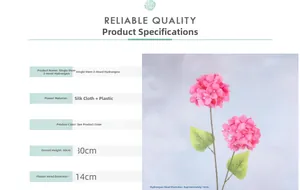 Detailed specs of two-headed silk hydrangea flower with 80cm stem and pink petals