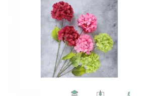 Detailed view of artificial hydrangea silk flowers in deep red, pink and light green