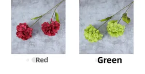 Detailed comparison of red and green artificial hydrangea flowers with dense petals