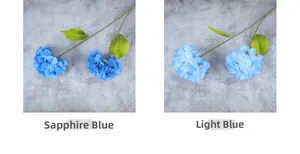 Detail showing sapphire and light blue faux hydrangea petals with realistic green leaves