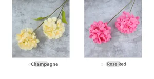 Detail view of champagne and rose red artificial hydrangea flowers with green leaves