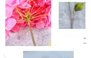 Close-up of artificial deep pink hydrangea petals with realistic green leaf and stem details
