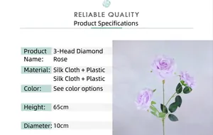 Detailansicht der künstlichen 3-köpfigen Seidenrose in Lila, 65cm lang, 10cm Blütengröße