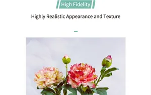 Macro shot of 2-head faux peony with pink gradient petals and green silk leaves