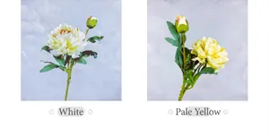 Close-up of white and light yellow artificial peony branches with detailed silk petals