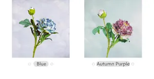 Detail of silk peony stems in blue and autumn purple with realistic green leaves