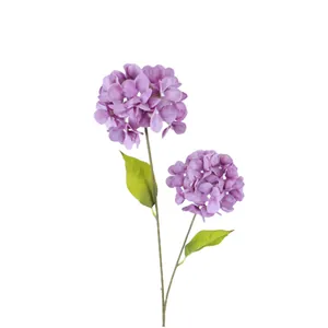 Artificial 2-head purple silk hydrangea flower stem with realistic green leaves for decor