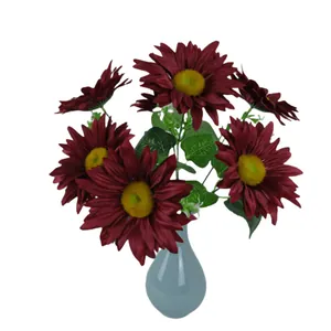 Artificial burgundy sunflower bouquet in a light blue ceramic vase home decor