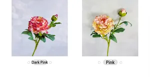 Detail view of artificial deep pink and light pink silk peony flowers with buds