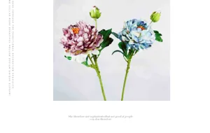 Detailed view of handmade silk peonies with gradient petals and realistic green leaves