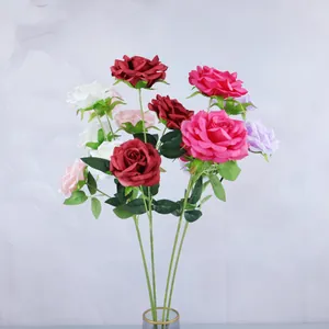 Realistic Silk Fabric Triple Head Artificial Rose Bouquet For Wedding Decoration Home Table Centerpiece Photography Prop Artificial Flowers