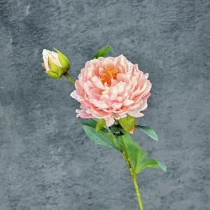 Artificial pink peony branch with blooming flower and bud for elegant home decor