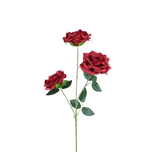 Three-headed artificial red rose spray with silk petals and green leaves for home decor
