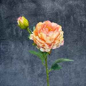 Single artificial peony spray with orange-pink petals and a bud, 66cm height for decor