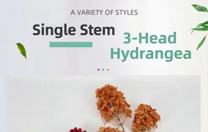 Close-up of 3-head artificial hydrangea single stem with natural orange purple textures