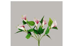 Close-up of five artificial calla lily stems with realistic pink and white gradient petals