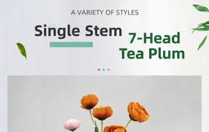 Detail of 7-headed artificial camellia stems with orange and pink silk flower petals