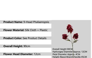 Detailed view of dark red 9-head orchid with textile petals and 90cm stem height