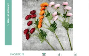 Detailed view of artificial camellia and lotus flowers in dark red, orange, and soft pink