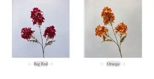 Close-up of artificial hydrangea stems in crimson and orange with realistic silk petals