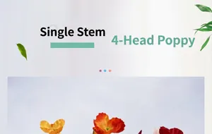 Detail view of 4-head artificial poppy flower stem with realistic textured vibrant petals