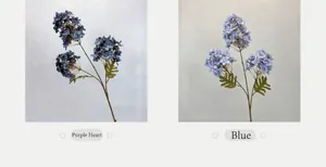 Detail view of artificial hydrangea stems in purple and blue with realistic green leaves