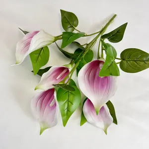 Faux 5-head white and pink PU calla lily bouquet for home and wedding decoration