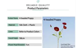 Detailed size specifications for red silk poppy flowers with a total height of 58cm