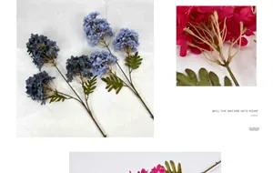 Detail of blue and pink artificial hydrangea petals and textured green leaves