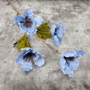 Künstliche 4-köpfige blaue Mohnblume aus Seide für Hochzeit, Hausdeko und Fotografie