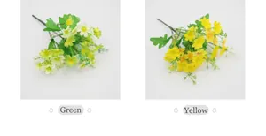 Dettaglio di bouquet di margherite artificiali in verde e giallo per decorazione casa