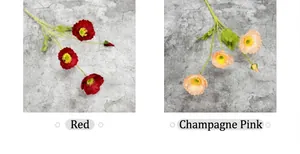 Detail view of artificial poppy flowers in red and champagne pink for home decor