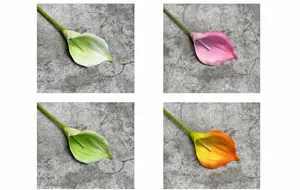Detailansicht künstlicher Callas in Lila, Rosa, Grün und Sunset-Rot Tönen